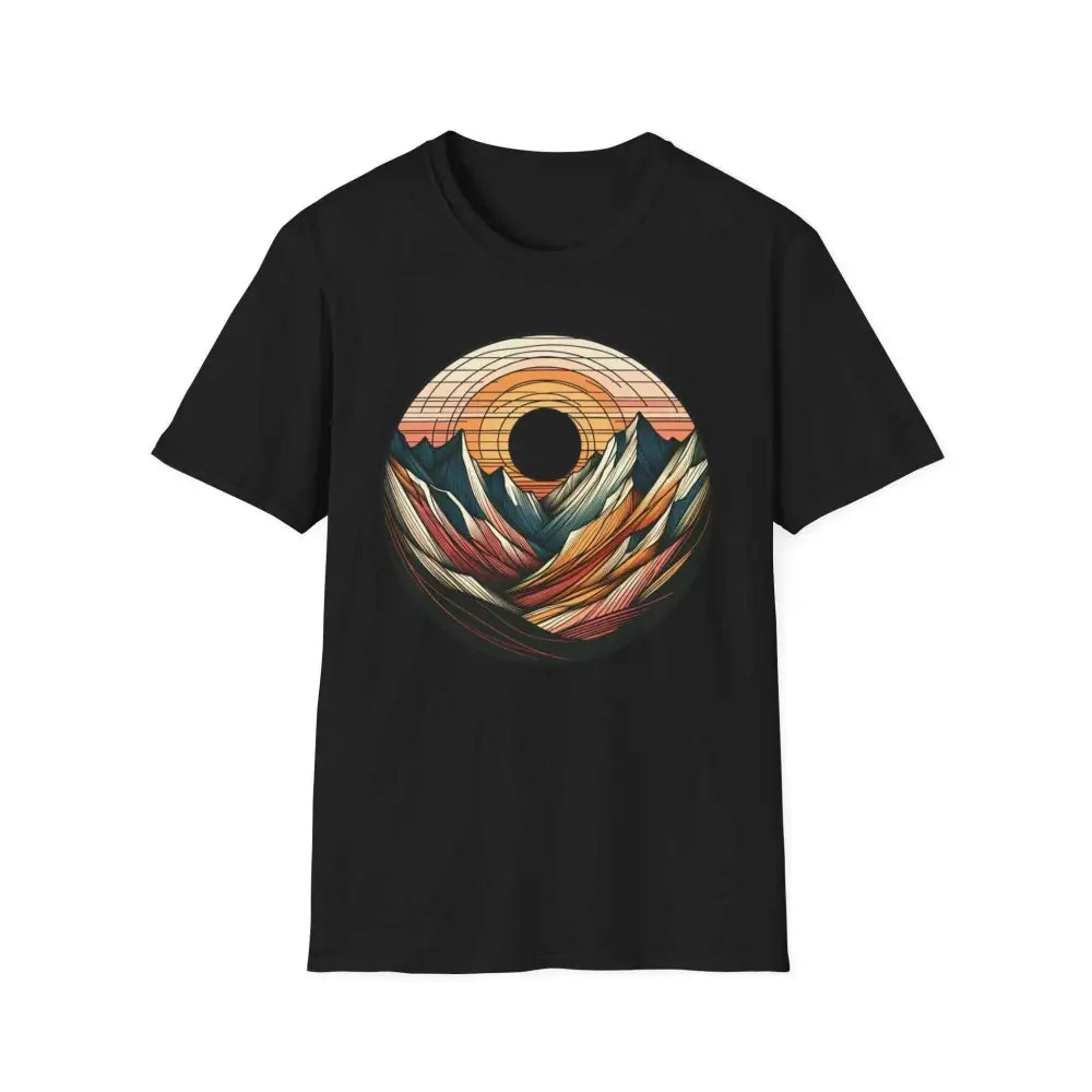 Black softstyle t-shirt designed with colorful mountain sunset graphic and elastic ribbed collar