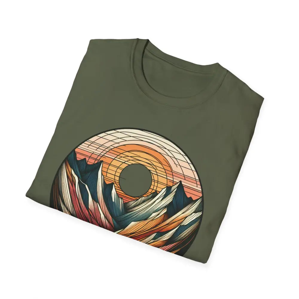 Folded Vintage Mountain Vibes softstyle t-shirt with sunset mountain graphic and elastic ribbed collar