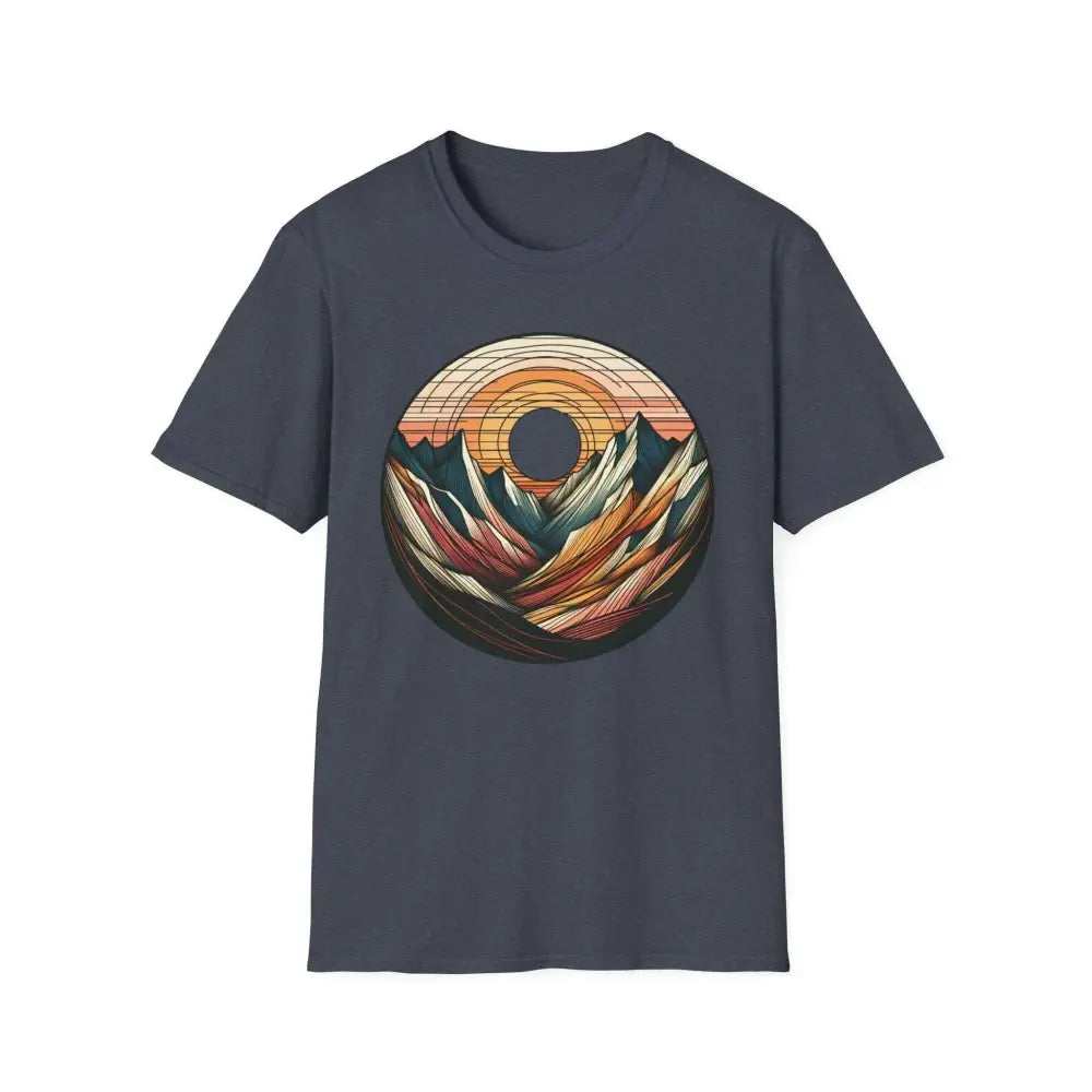 Dark blue softstyle t-shirt designed with a mountain sunset graphic and elastic ribbed collar