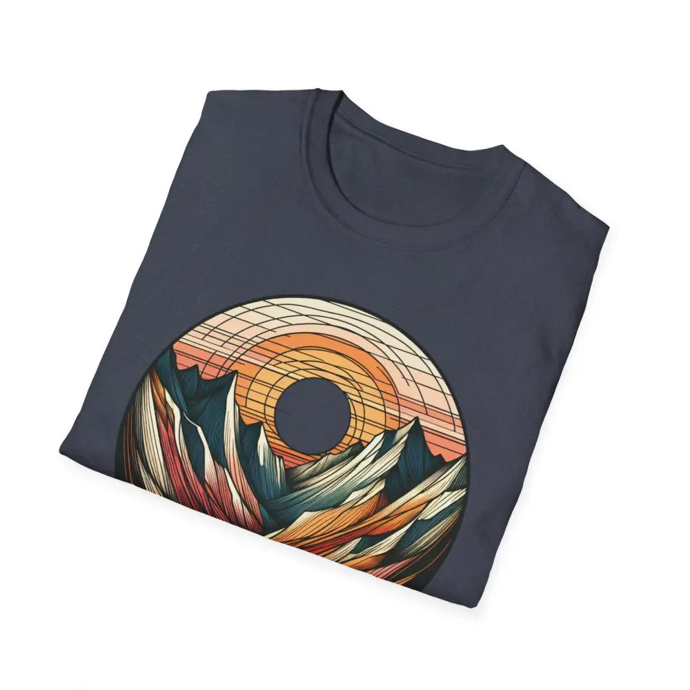 Dark blue softstyle t-shirt designed with colorful mountain and sunset graphic, elastic ribbed collar