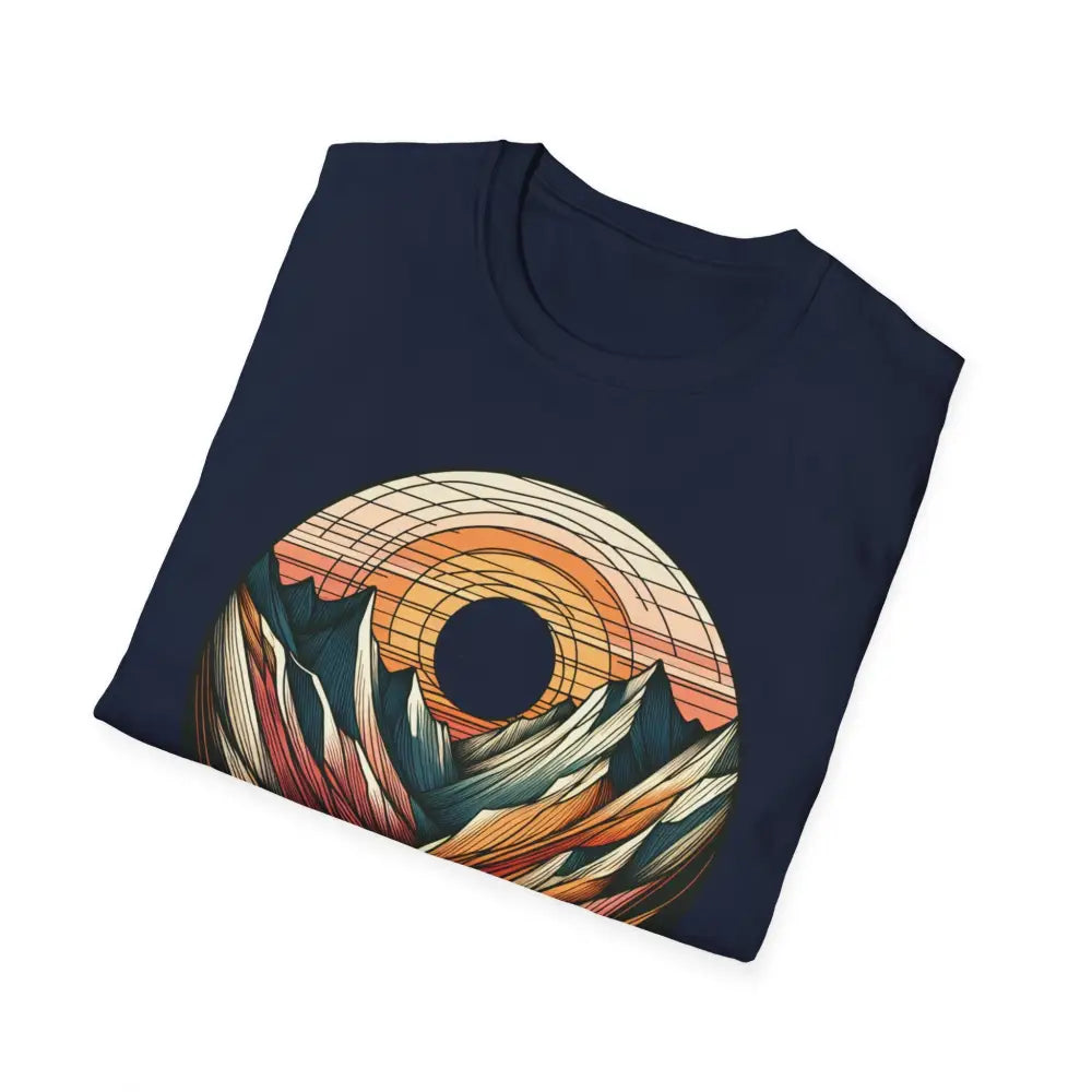 Dark blue vintage mountain vibes softstyle t-shirt with colorful sunset graphic and elastic ribbed collar