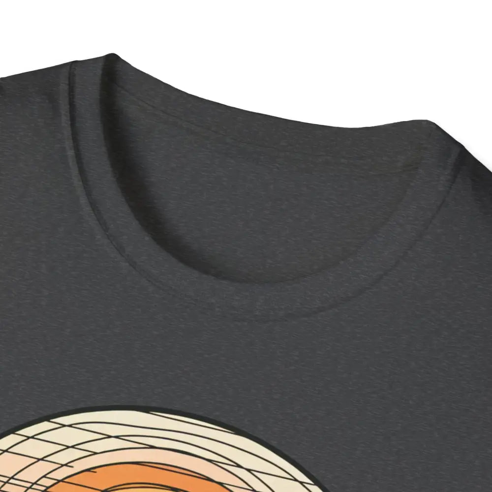 Dark gray softstyle t-shirt designed with graphic art and elastic ribbed collar for comfort