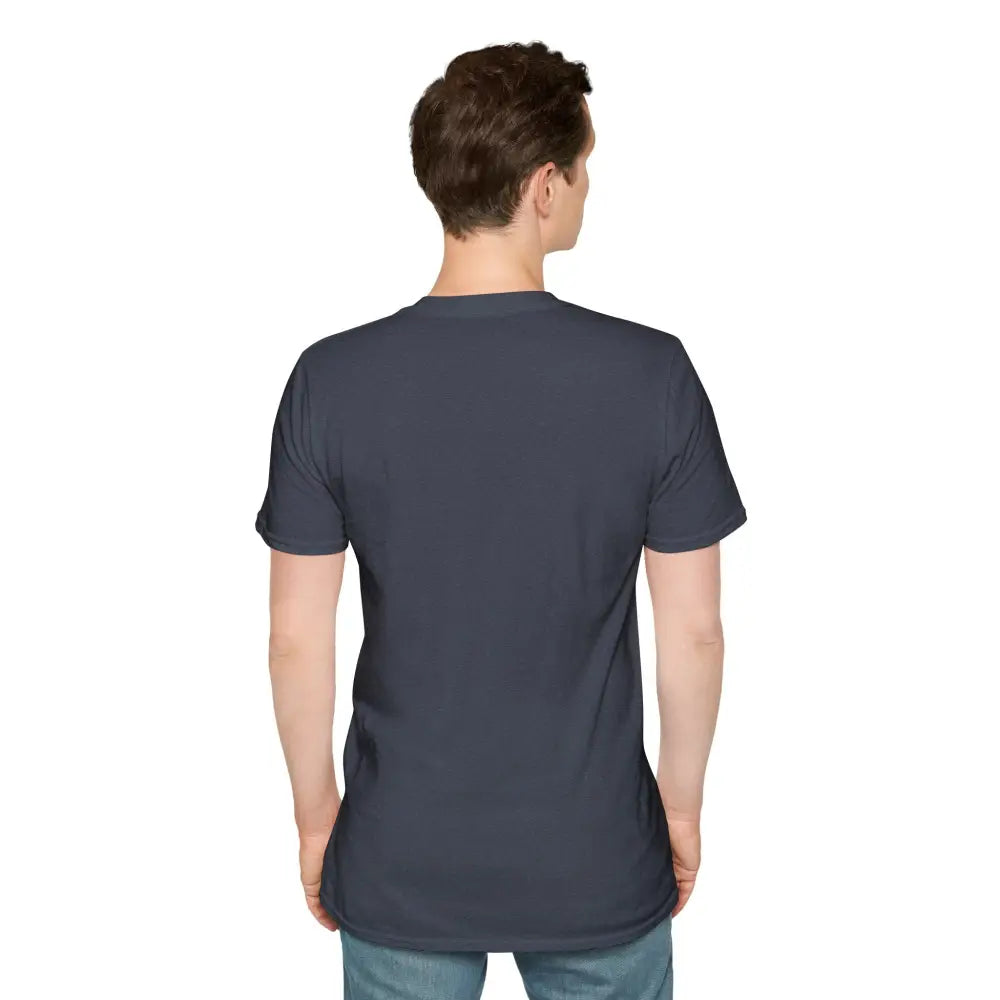 Man modeling dark grey softstyle t-shirt with elastic ribbed collar for nature lovers