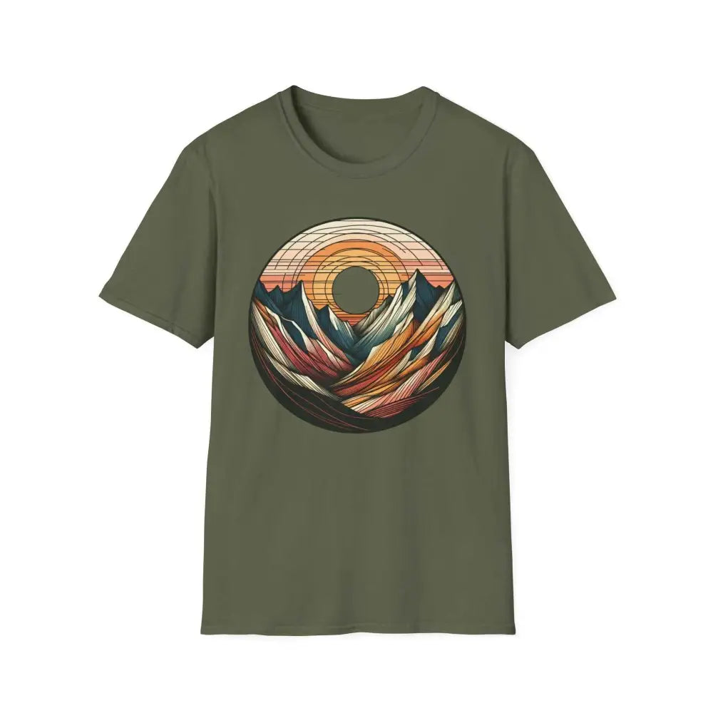 Olive green softstyle t-shirt designed with mountain sunset graphic and elastic ribbed collar