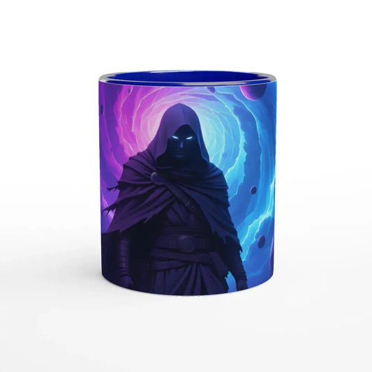 Ceramic mug with hooded figure design from Voidwalkers Gate Cosmic Cloak Series