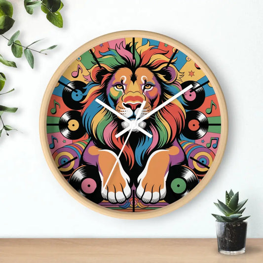 Colorful wall clock with pop-art lion, rainbow mane, musical records, by Honson Ventures Limited