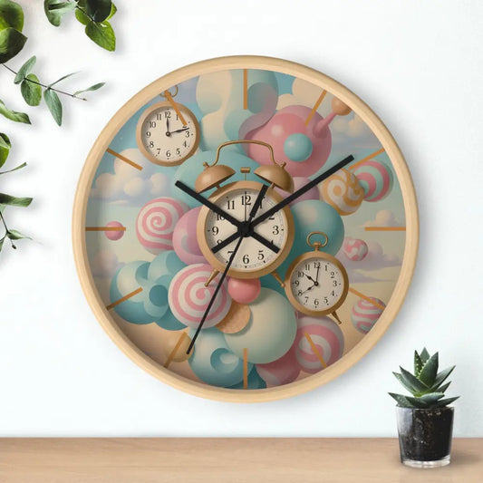 Round wall clock with whimsical candy and clock design for pastel decor in PixiOnyx collection