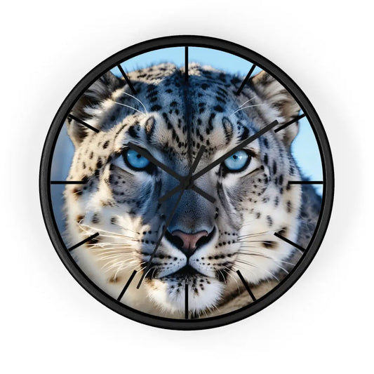 Snow leopard face clock from PixiOnyx Arctic Pulse Series displays icy gaze design