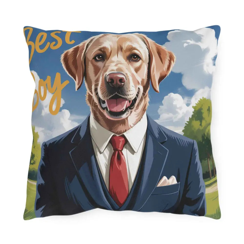 Whimsical outdoor pillow for pet lovers with a golden retriever in a suit, spot clean friendly