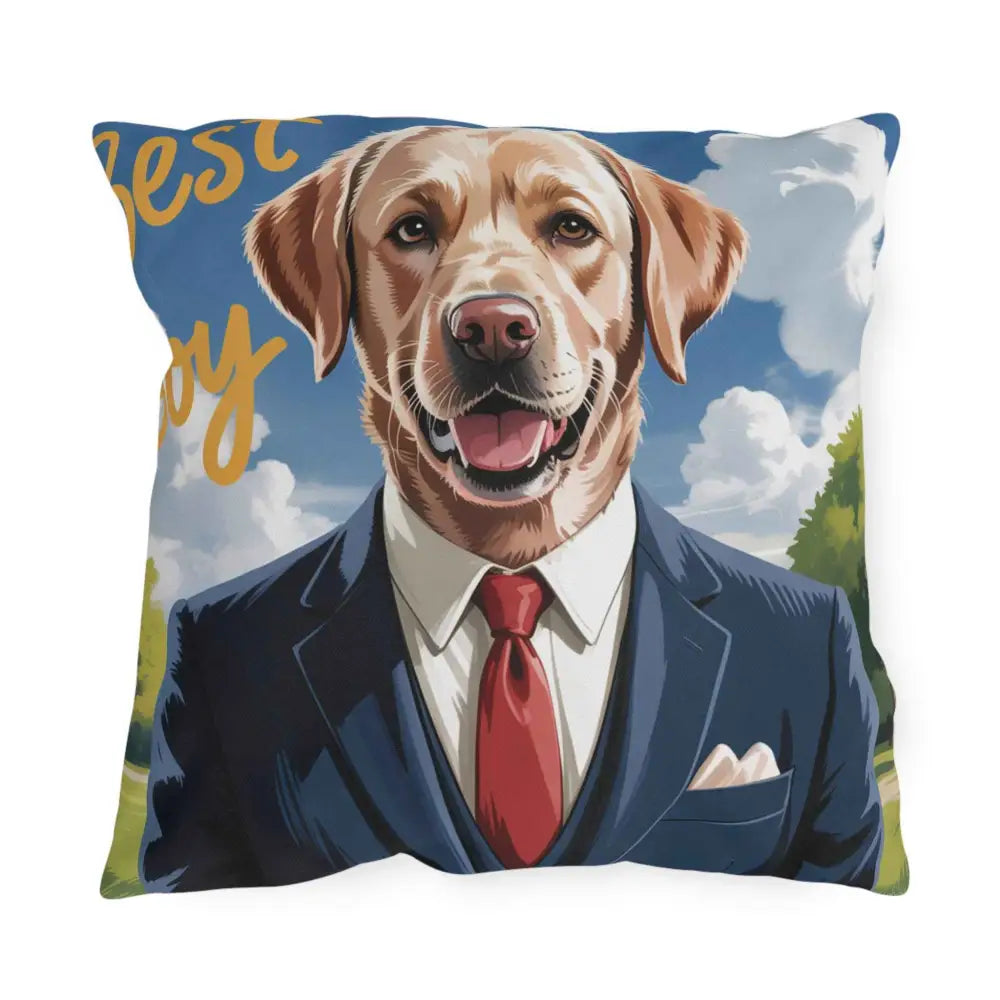 Decorative outdoor pillow for pet lovers featuring a golden retriever in a blue suit and red tie