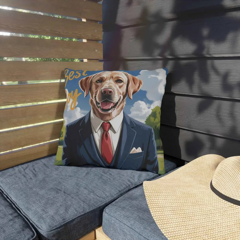 Whimsical outdoor pillow for pet lovers featuring a golden retriever in a suit and red tie