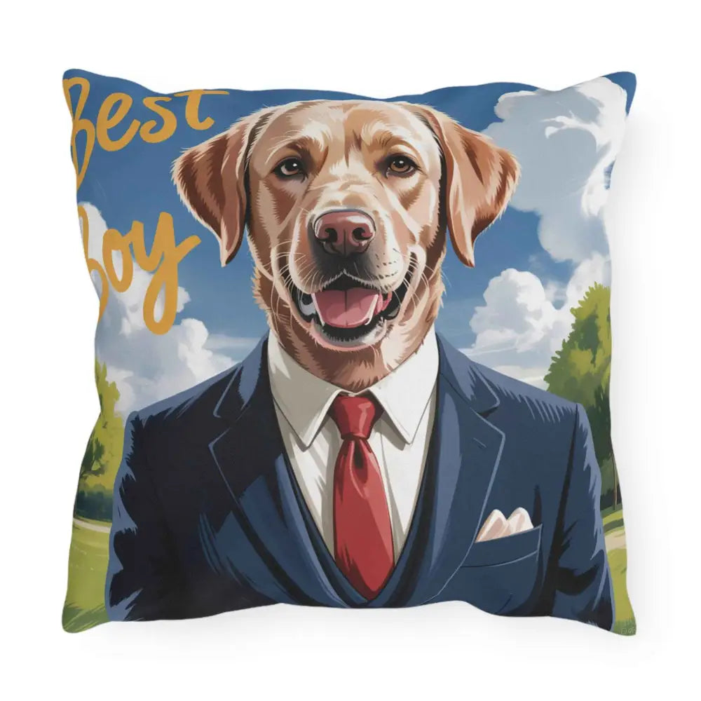 Square outdoor pillow for pet lovers featuring a cartoon golden retriever in a suit