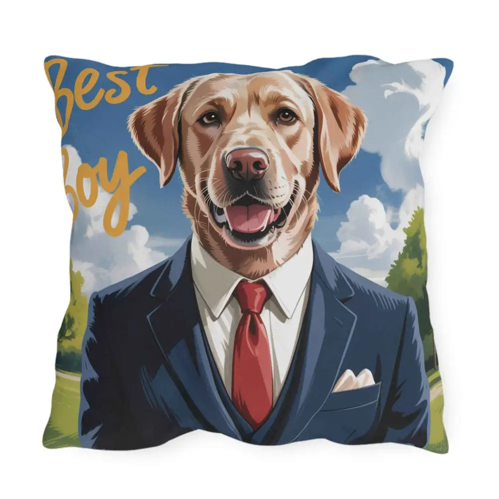 Decorative outdoor pillow with cartoon golden retriever in suit, perfect for pet lovers