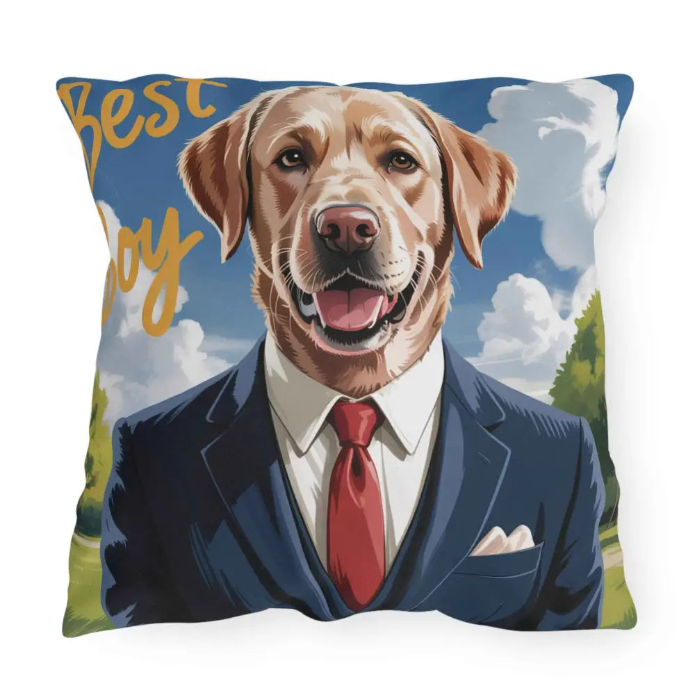 Decorative outdoor pillow for pet lovers featuring a golden retriever in a suit, spot clean friendly