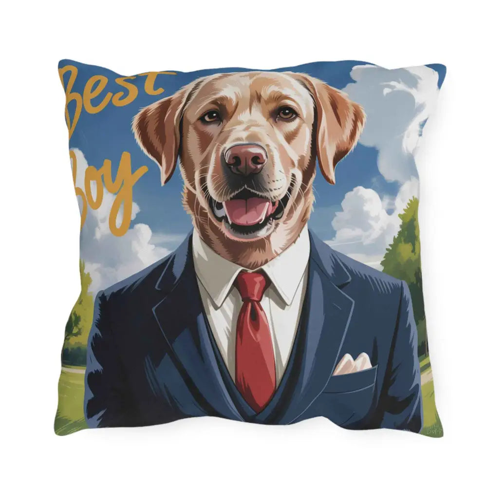 Decorative outdoor pillow for pet lovers featuring a golden retriever in a blue suit and red tie