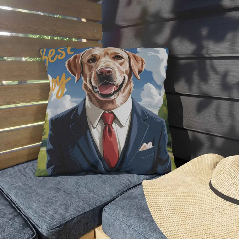 Decorative outdoor pillow for pet lovers with golden retriever in suit and tie, spot clean friendly