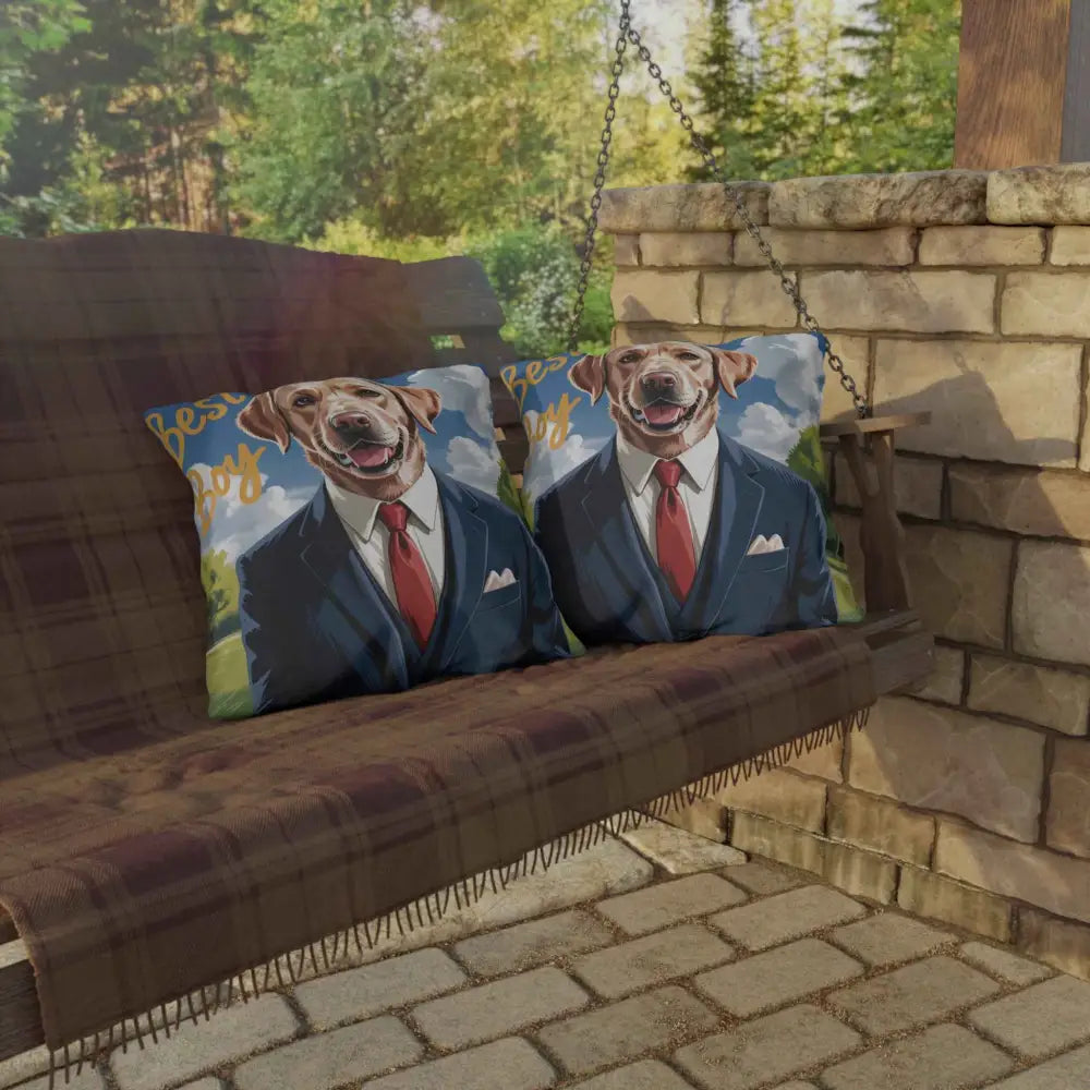 Decorative dog-themed outdoor pillows for pet lovers on porch swing, spot clean friendly