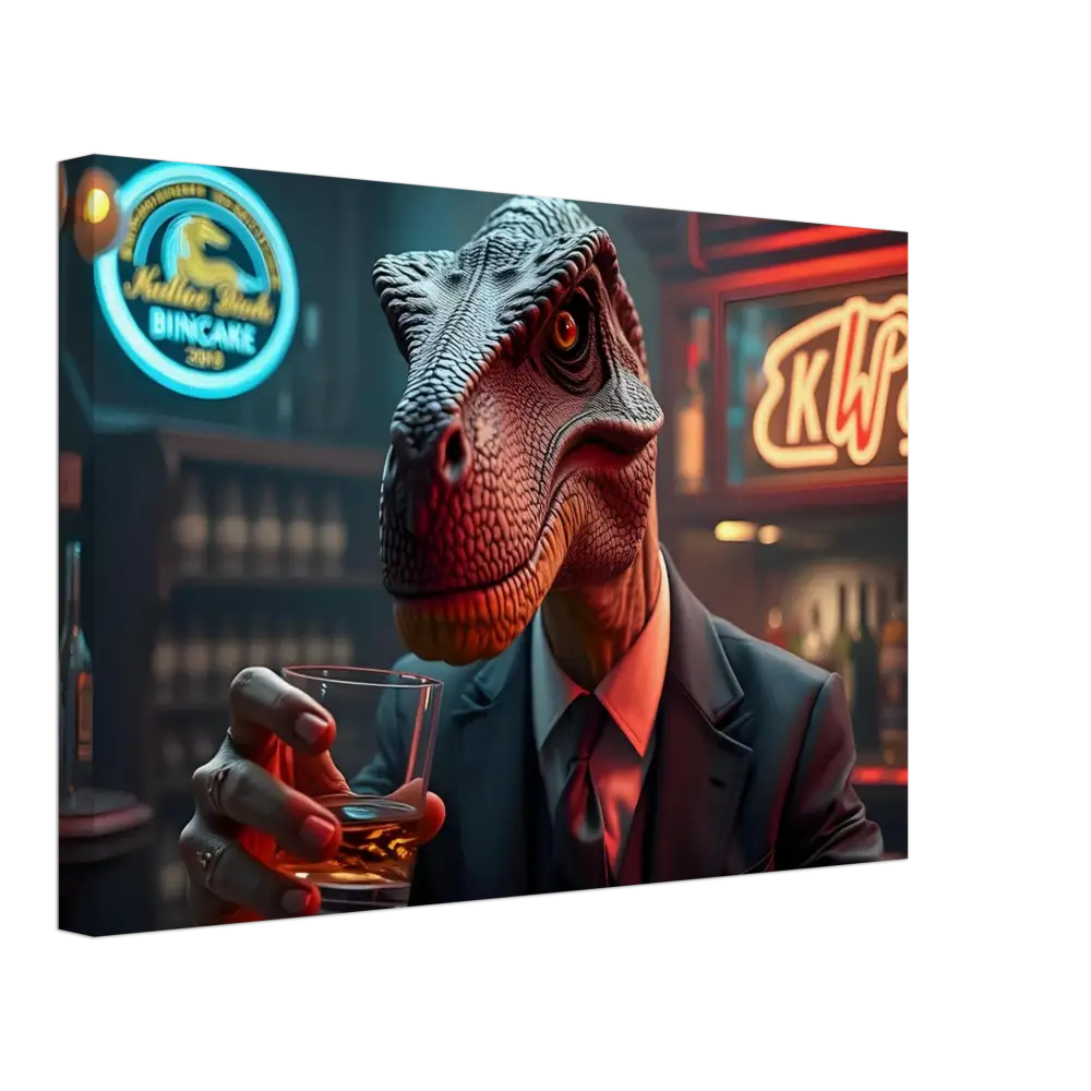 Dinosaur in a suit holding a glass of whiskey displayed on Whiskey Raptor Canvas Print Wall Art