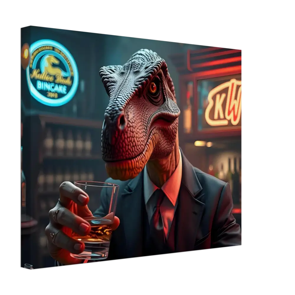 Dinosaur in suit holding whiskey for Whiskey Raptor Canvas Print After Hours Instincts, PixiOnyx Wall Art