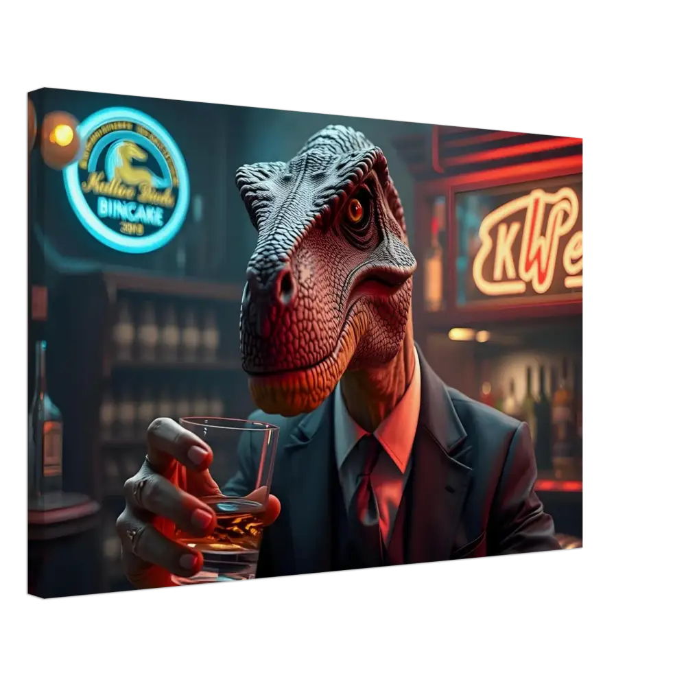 Dinosaur in suit holding whiskey displayed on Whiskey Raptor Canvas Print by PixiOnyx