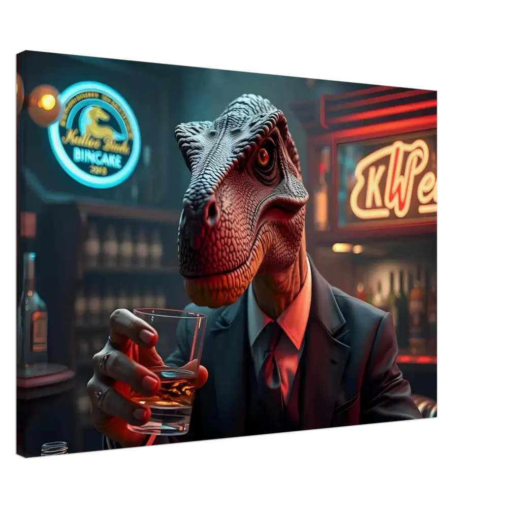 Dinosaur in a suit holding a drink on Whiskey Raptor Canvas Print by PixiOnyx Wall Art