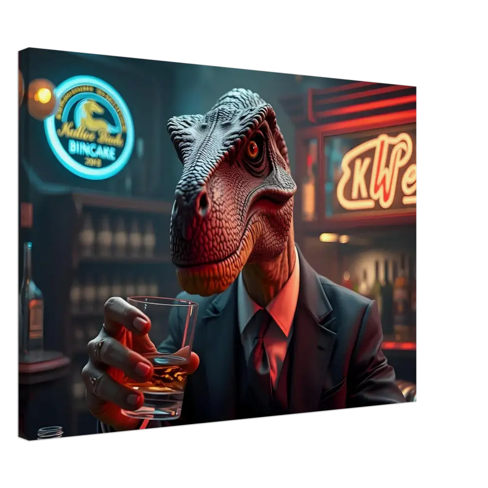 Dinosaur in suit holding whiskey displayed on Whiskey Raptor Canvas Print Wall Art
