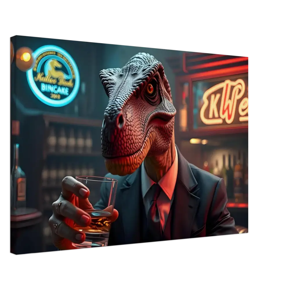 Dinosaur in suit holding whiskey displayed on Whiskey Raptor Canvas Print Wall Art