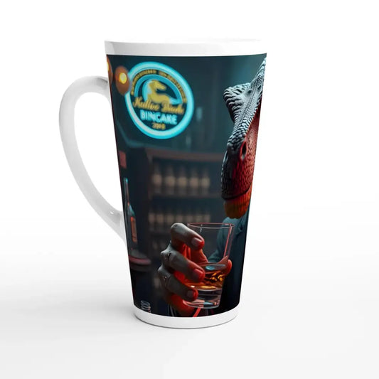 Whiskey Raptor Latte Mug 17oz ceramic with dinosaur bar design from PixiOnyx Tall Art Cup
