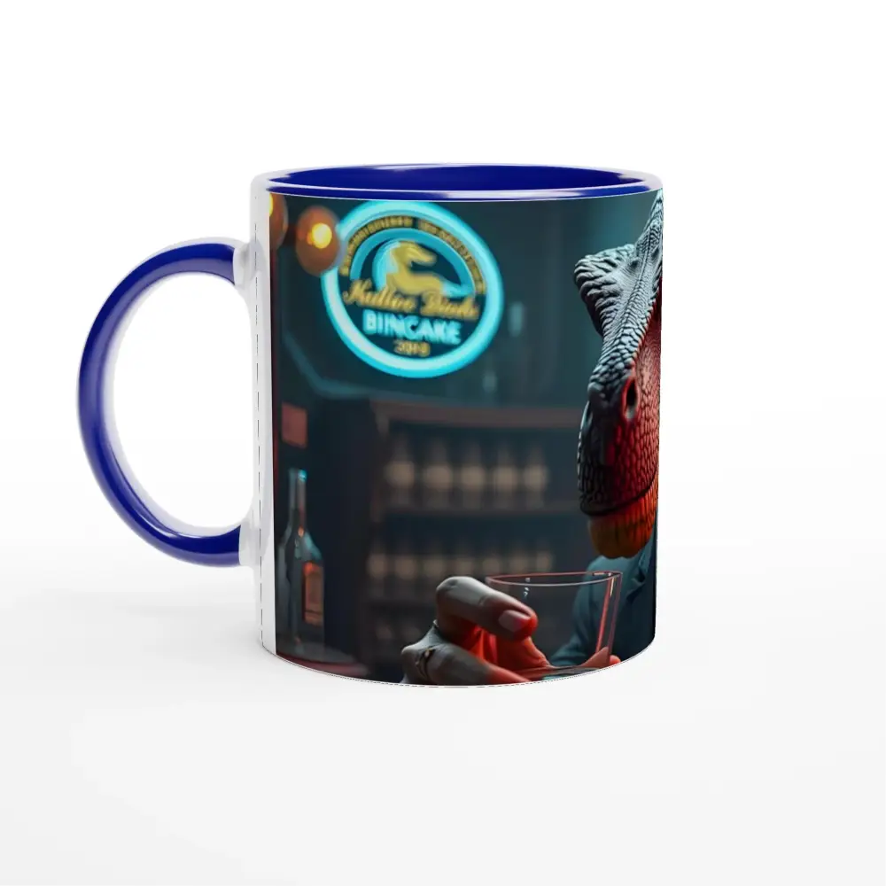 Blue-handled Dinosaur Bar Scene Whiskey Raptor Mug 11oz Ceramic PixiOnyx Neon Barware
