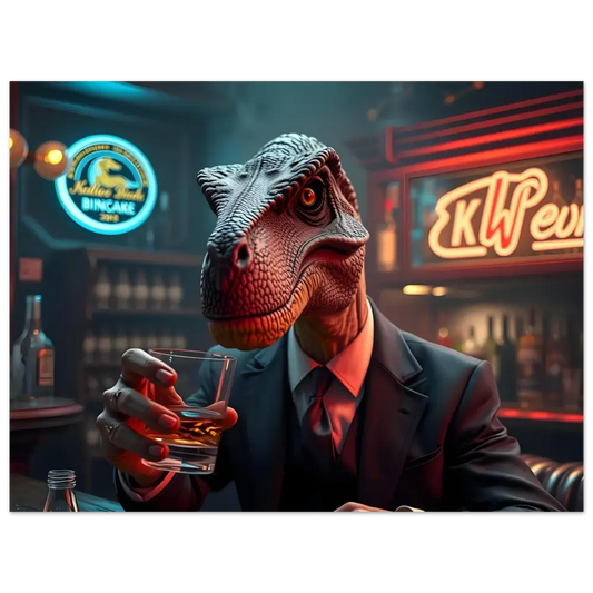 Dinosaur in suit holding whiskey for Whiskey Raptor Poster – After Hours Instincts PixiOnyx Fine Art Print