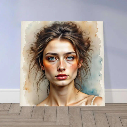 Aluminum fine art print of a woman’s watercolor portrait capturing timeless emotion