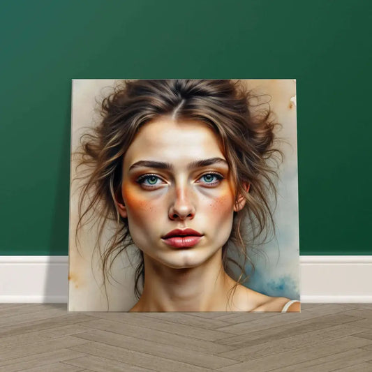Framed watercolor portrait of woman with vibrant blue eyes and rosy cheeks, canvas whispers emotion