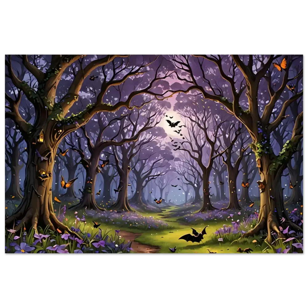 Enchanted forest with bats and butterflies on PixiOnyx Aluminum Print