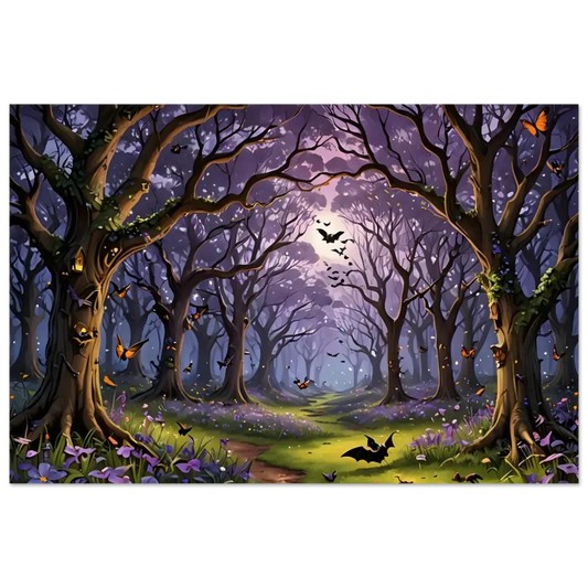 Enchanted forest with bats and butterflies on PixiOnyx Aluminum Print