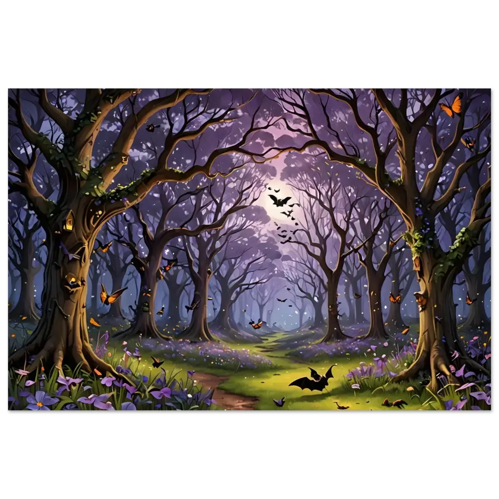 Enchanted Forest aluminum print with bats and butterflies for mystical wall decor