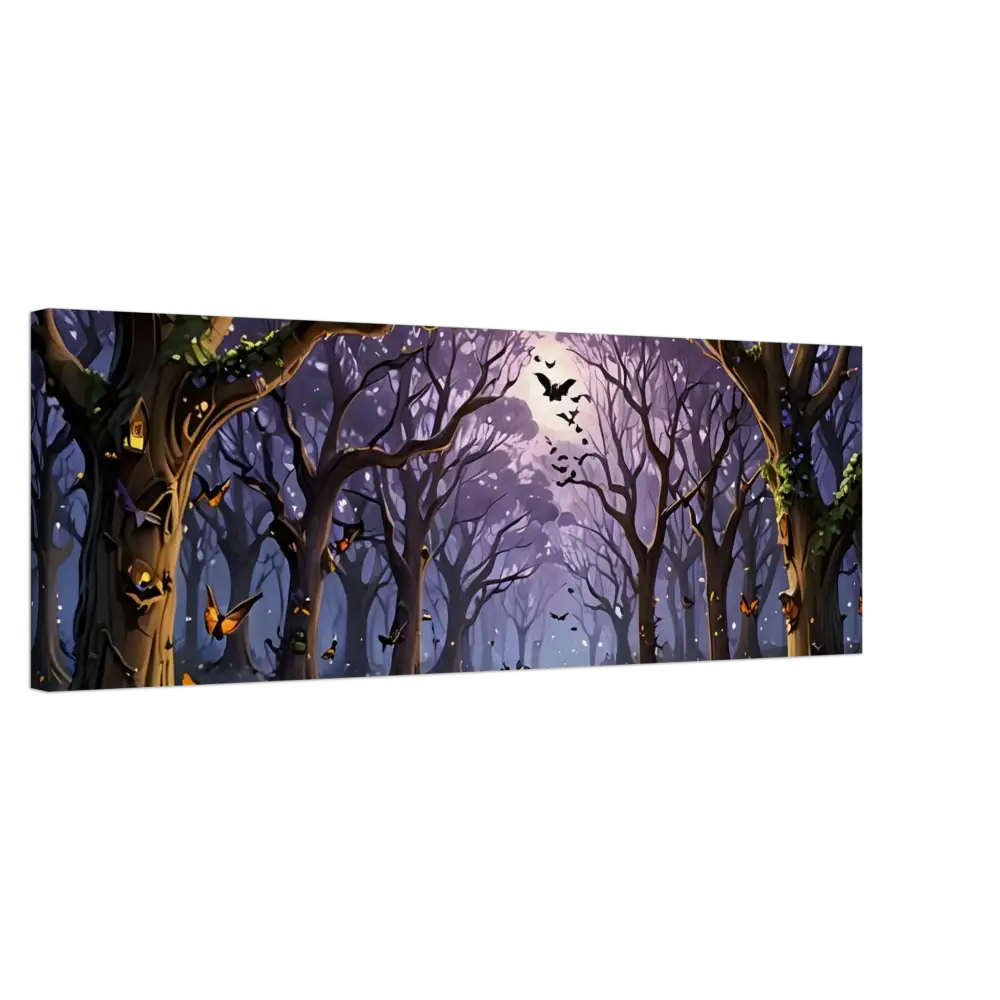 Eerie forest scene with bats and butterflies on Whispers of the Enchanted Forest Canvas Print by PixiOnyx