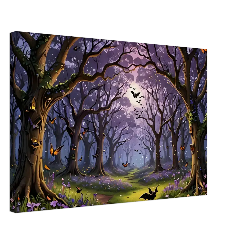 Enchanted forest with bats depicted on PixiOnyx Canvas Print Whispers of the Enchanted Forest