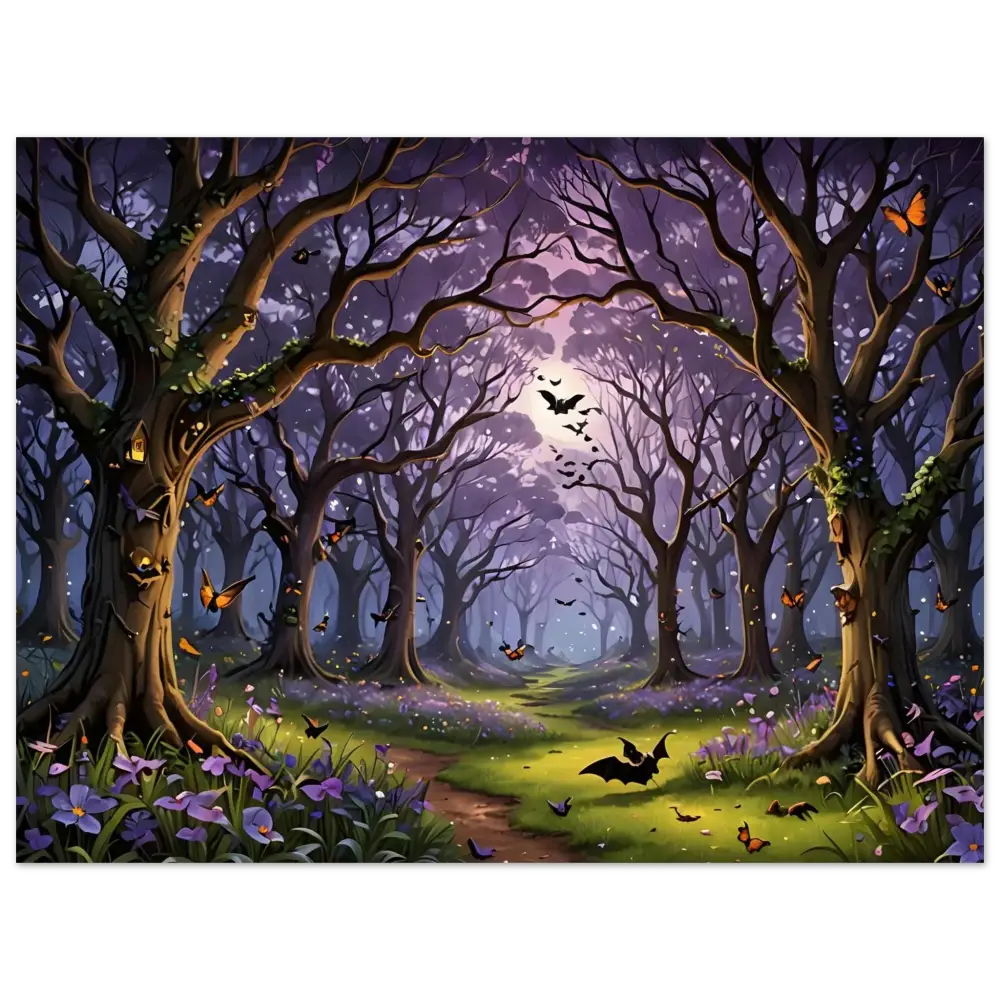 Enchanted Halloween forest scene displayed on Whispers of the Enchanted Forest Fine Art Fantasy Poster by PixiOnyx