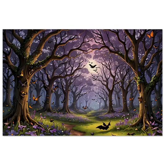 Enchanted forest scene with bats and butterflies on Wood Print by PixiOnyx