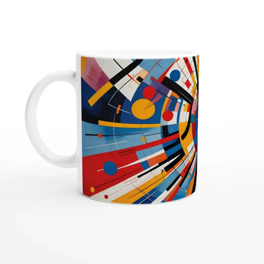 White ceramic mug with abstract celestial motion art for stylish coffee or tea enjoyment