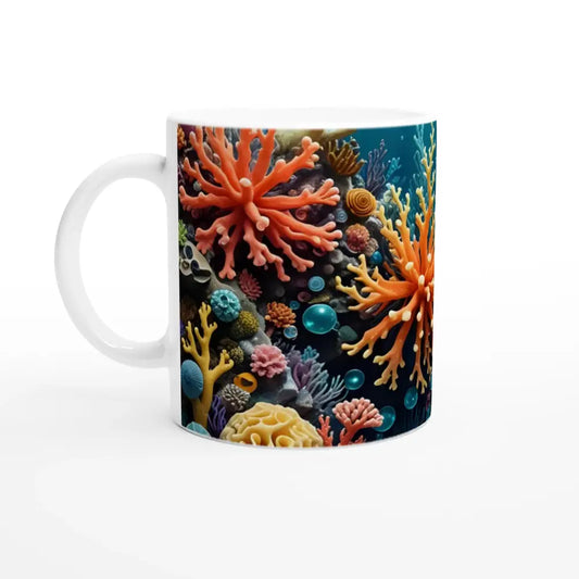 White 11oz Ceramic Mug with Coral Reef Design from PixiOnyx Oceanic Brew
