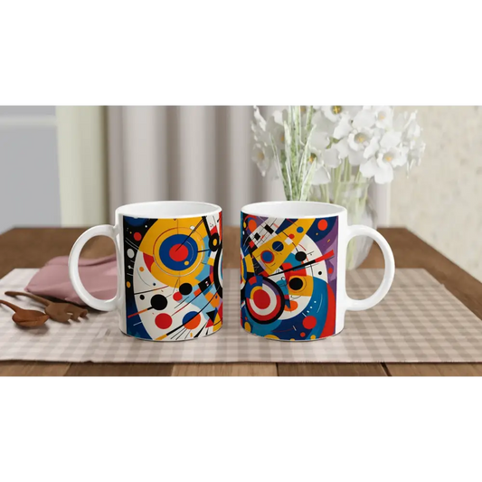 White 11oz Ceramic Mug with Abstract Designs from PixiOnyx Dynamic Balance collection