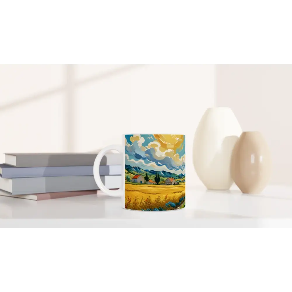 Artistic landscape design on White 11oz Ceramic Mug featuring Golden Fields Reverie artwork