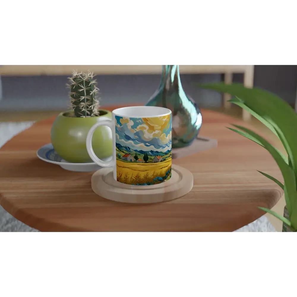 Artistic landscape design on White 11oz Ceramic Mug with Golden Fields Reverie theme