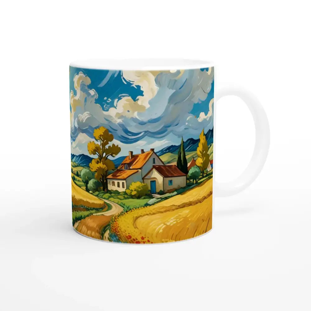 White ceramic mug with landscape art from PixiOnyx Pastoral Brew Golden Fields Reverie