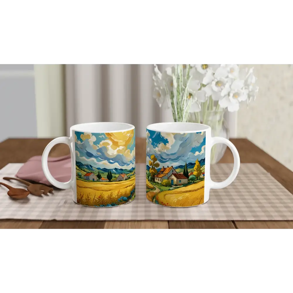White 11oz ceramic mug with landscape art design from PixiOnyx Pastoral Brew