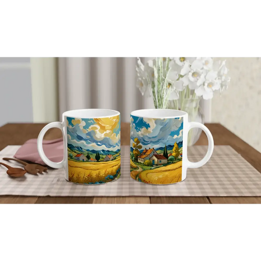 White 11oz ceramic mug with landscape art design from PixiOnyx Pastoral Brew