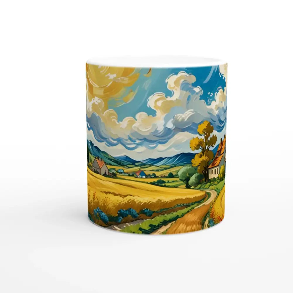 White 11oz Ceramic Mug featuring a Golden Fields Reverie landscape painting