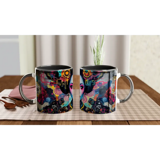 Decorative white 11oz Ceramic Mugs featuring Mech Shrine Geisha design from PixiOnyx