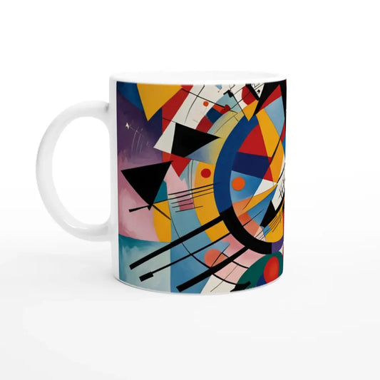White ceramic mug with abstract rhythmic geometry art for coffee or tea brewing